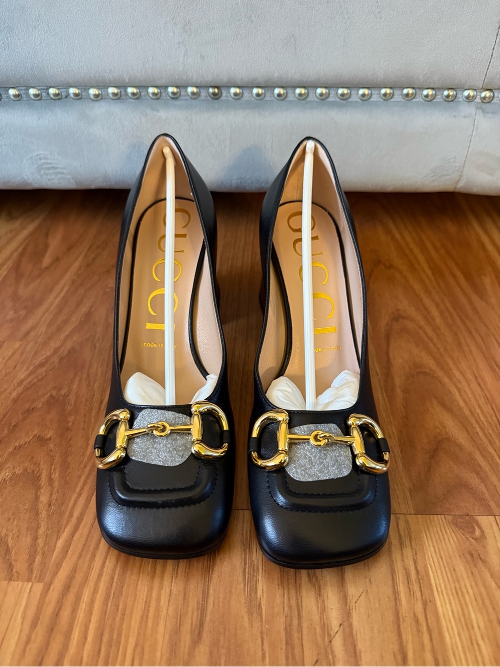 Gucci Black Leather Horsebit Square-Toe Pumps
